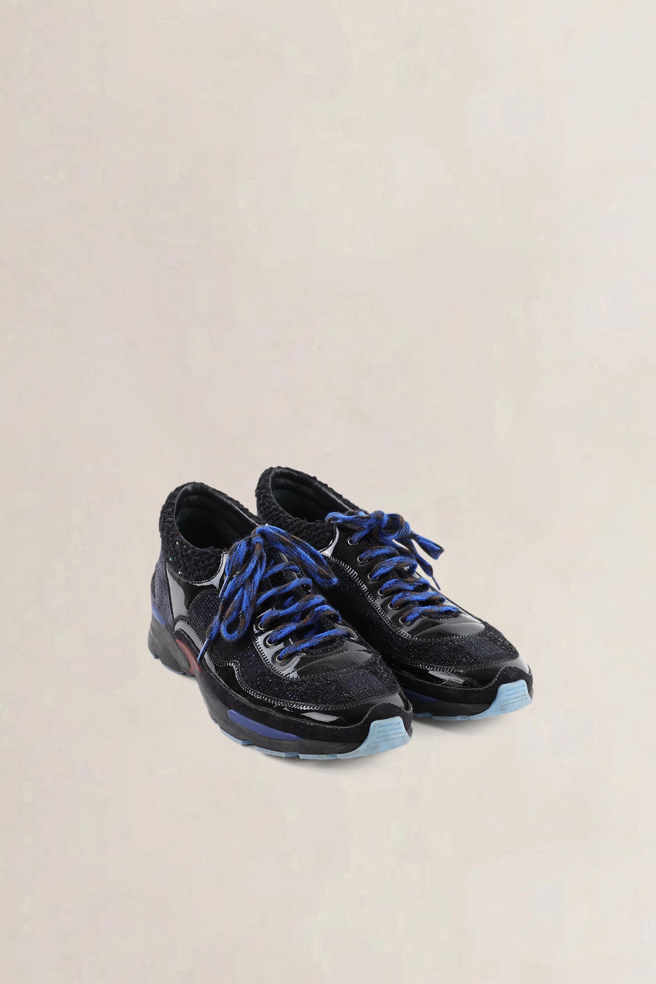 Chanel Black & Blue Patent Leather & Tweed Sneakers