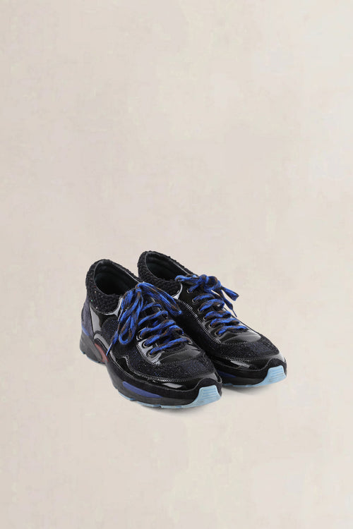 Chanel Black & Blue Patent Leather & Tweed Sneakers