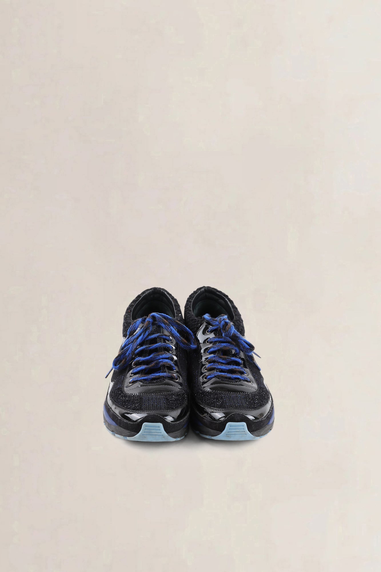 Chanel Black & Blue Patent Leather & Tweed Sneakers