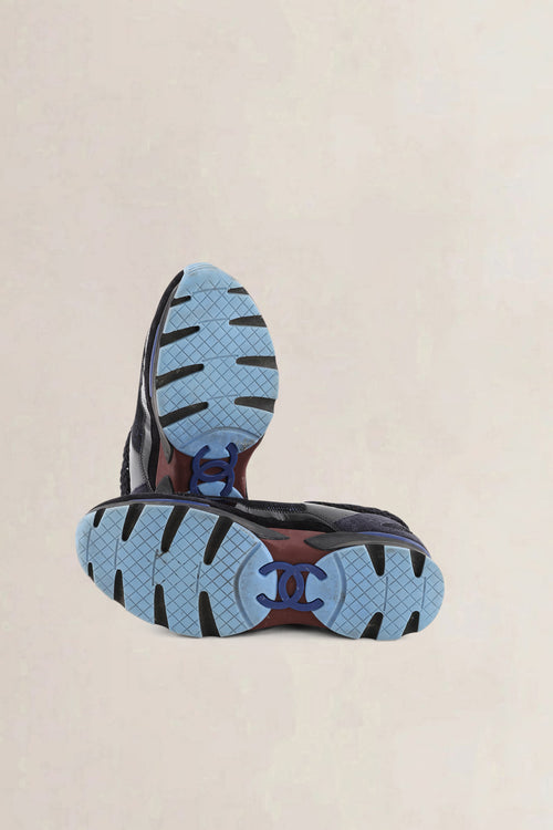 Chanel Black & Blue Patent Leather & Tweed Sneakers