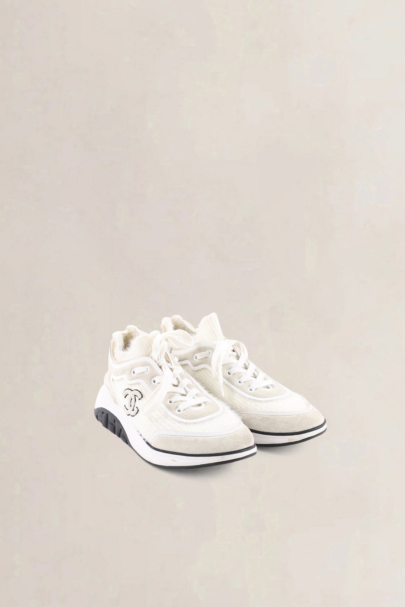 Chanel White Ribbed Mohair CC Sneakers