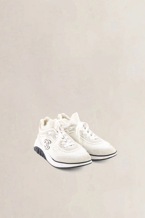 Chanel White Ribbed Mohair CC Sneakers