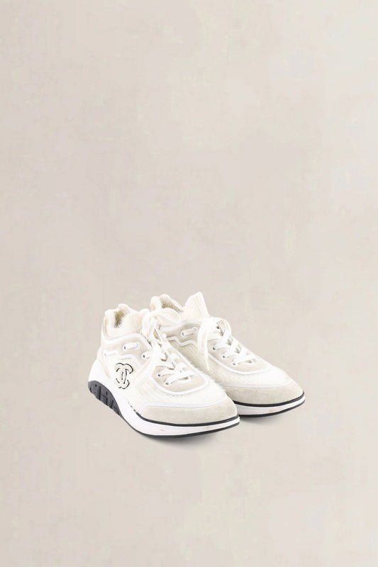 Chanel White Ribbed Mohair CC Sneakers