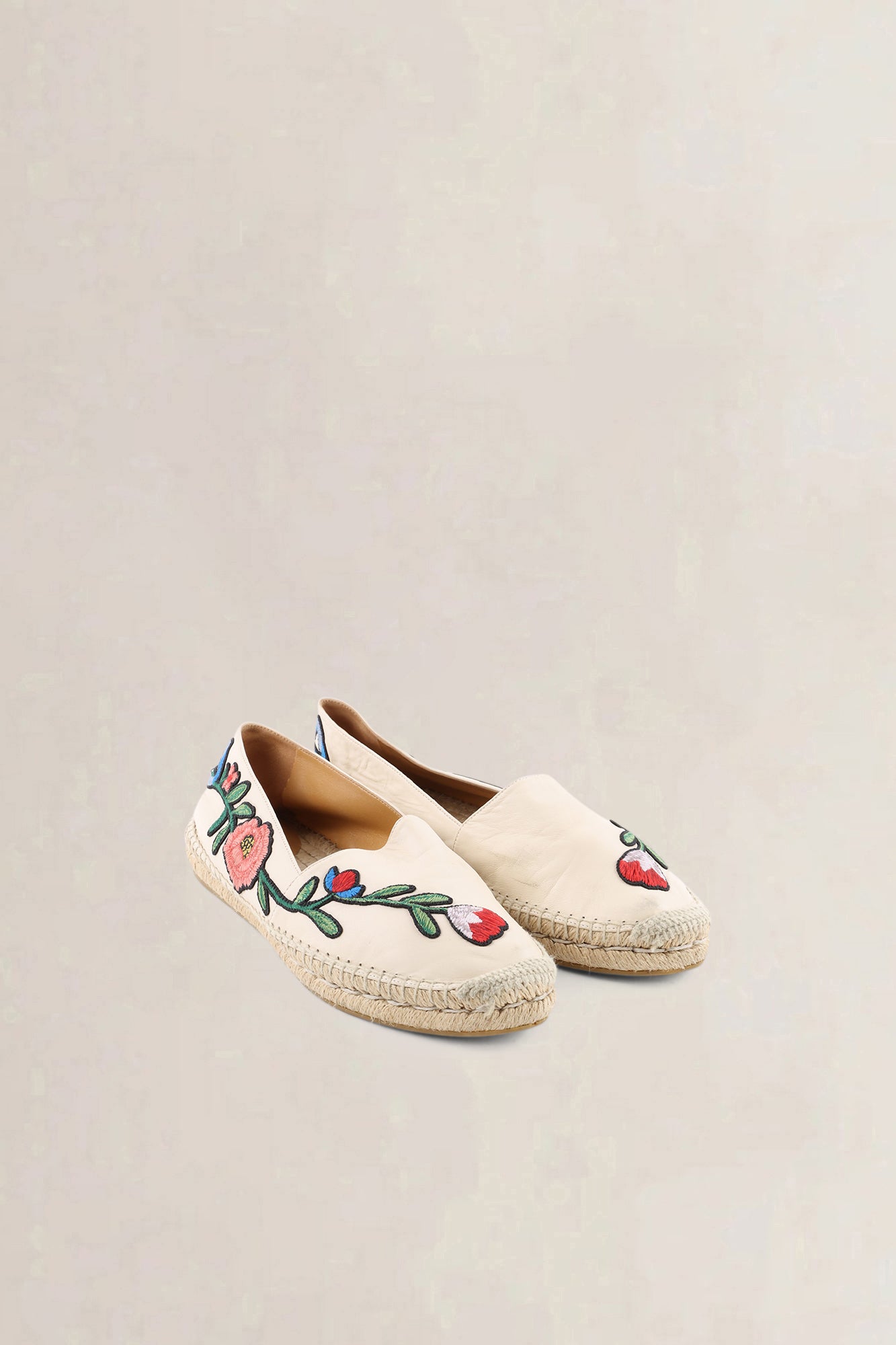 Gucci Cream Leather Embroidered Floral Pilar Espadrilles