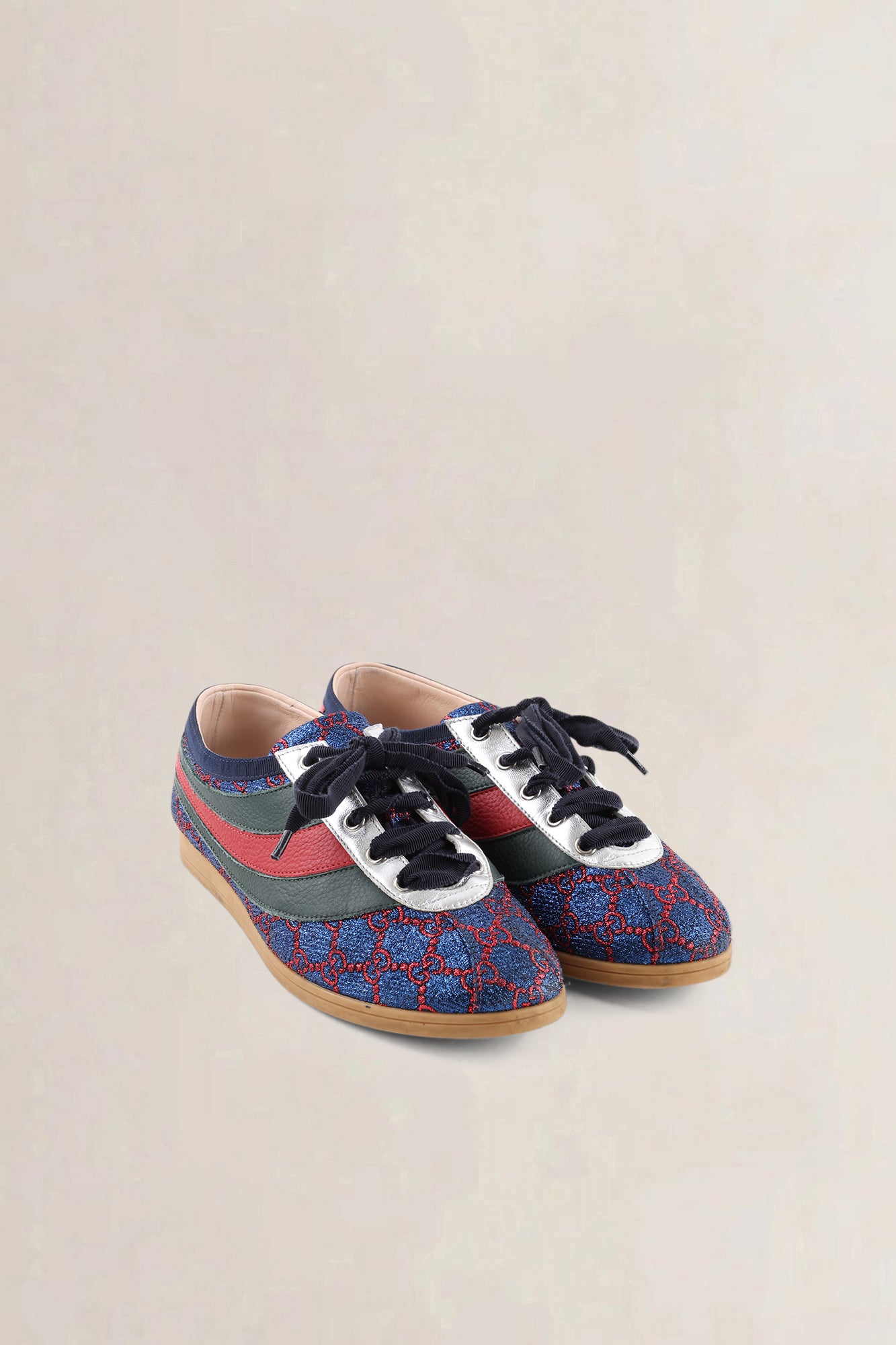 Gucci Iridescent Blue & Red Lurex Calfskin Web GG Monogram Falacer Sneakers