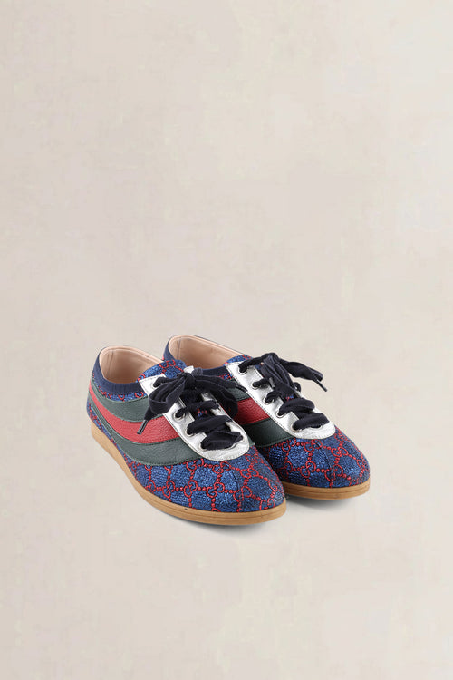 Gucci Iridescent Blue & Red Lurex Calfskin Web GG Monogram Falacer Sneakers