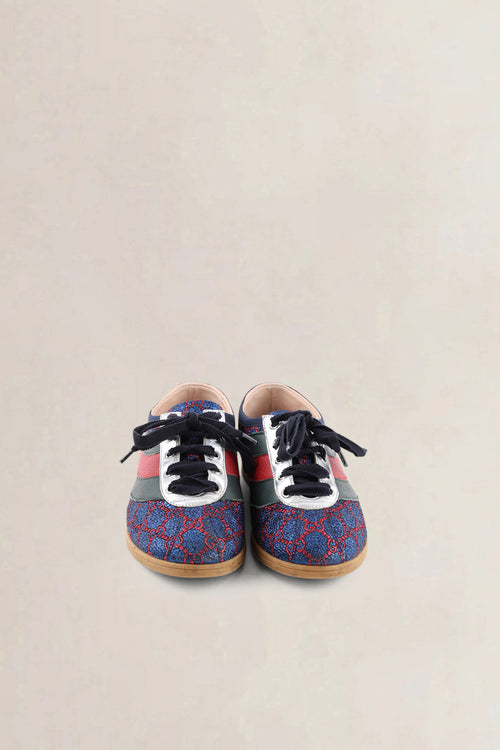 Gucci Iridescent Blue & Red Lurex Calfskin Web GG Monogram Falacer Sneakers
