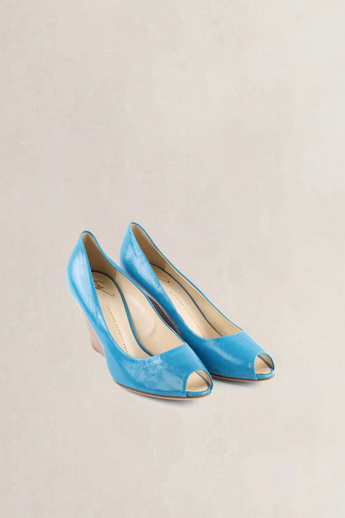 Giuseppe Zanotti Teal Patent Leather Peep-Toe Wedge Heels