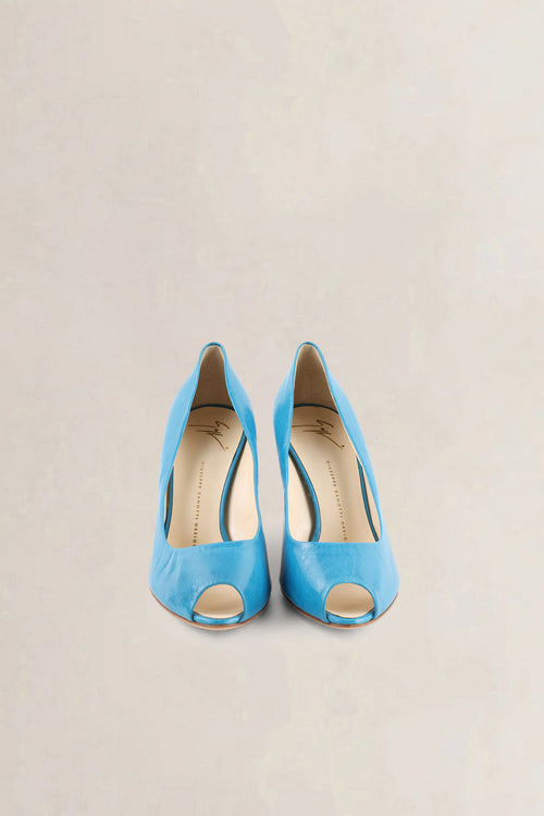 Giuseppe Zanotti Teal Patent Leather Peep-Toe Wedge Heels