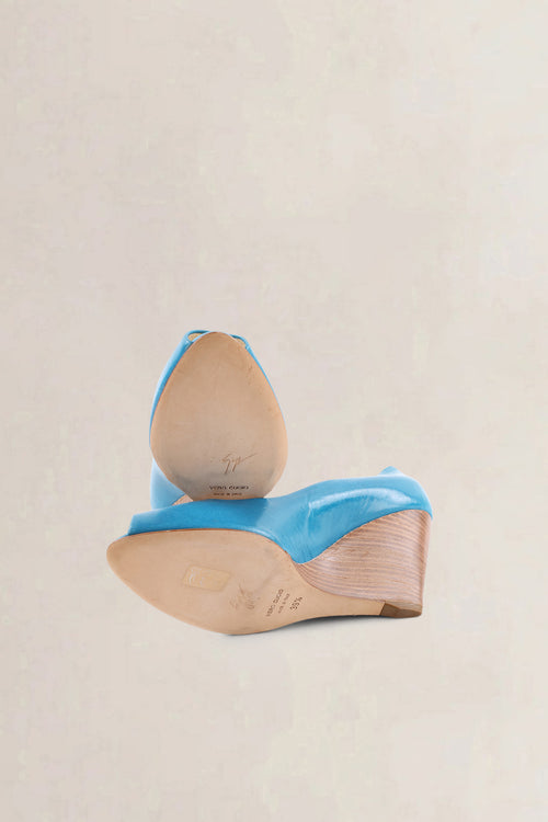 Giuseppe Zanotti Teal Patent Leather Peep-Toe Wedge Heels