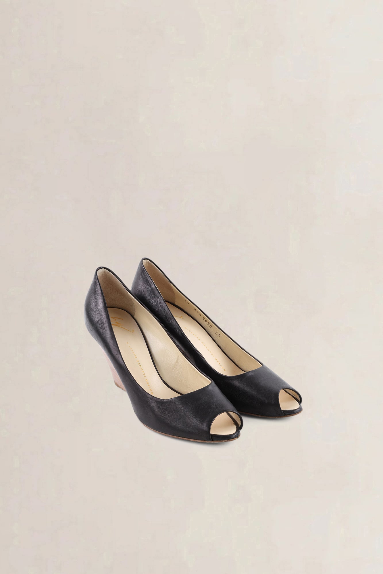 Giuseppe Zanotti Black Leather Peep-Toe Wedge Heels