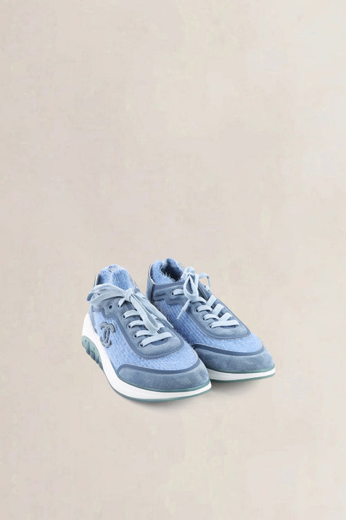 Chanel Blue & White Interlocking CC Logo Fabric & Suede Sneakers