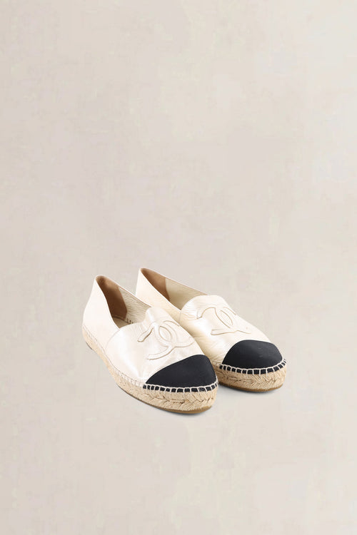 Chanel White & Black Leather Espadrilles