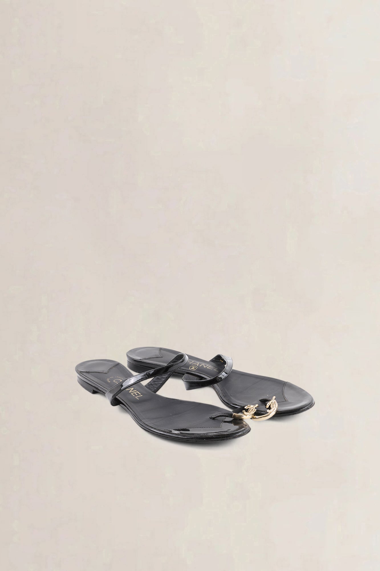 Chanel Black Patent Leather CC Ring Slip-On Sandals