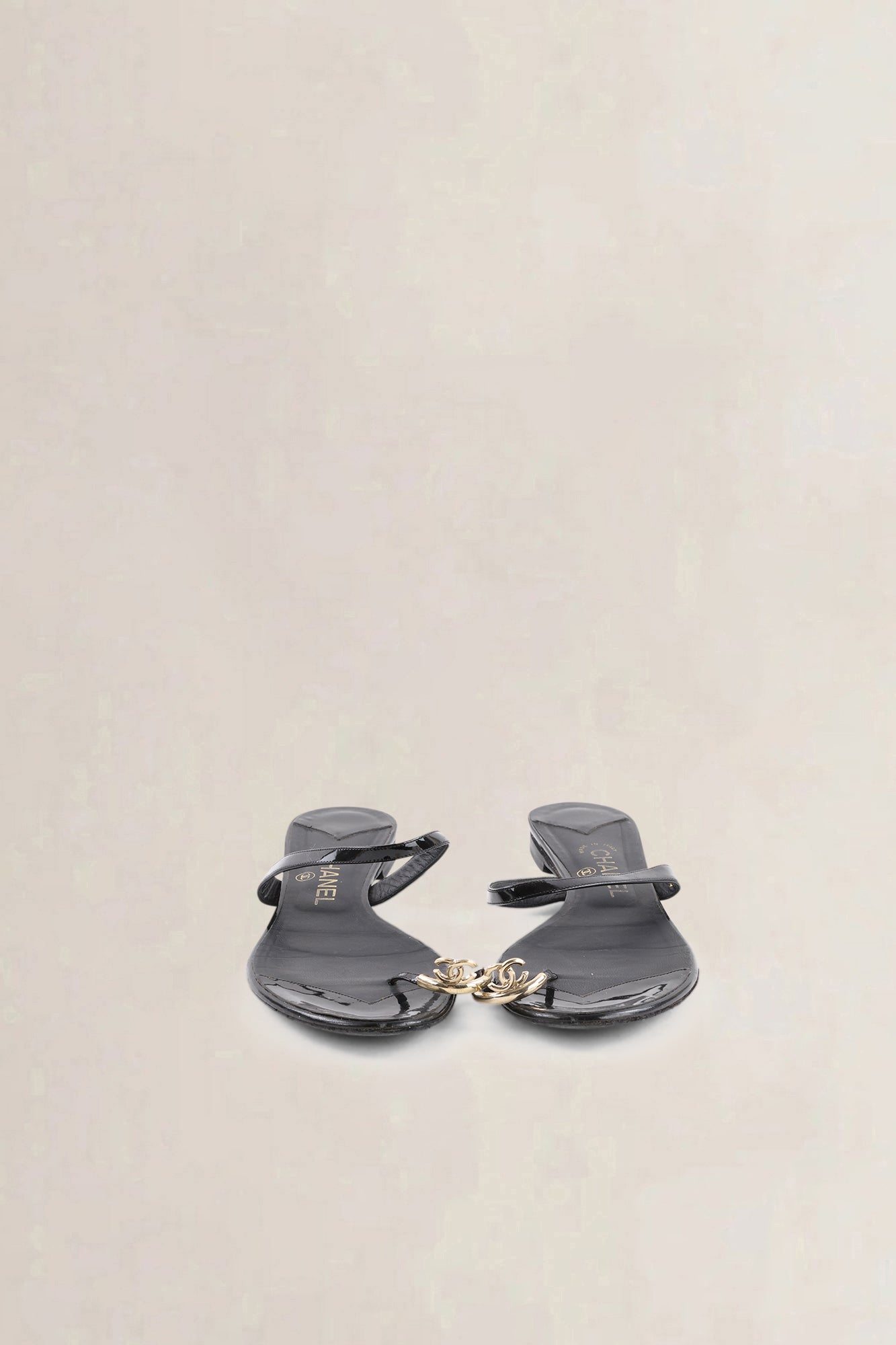 Chanel Black Patent Leather CC Ring Slip-On Sandals