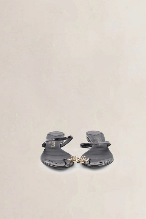 Chanel Black Patent Leather CC Ring Slip-On Sandals