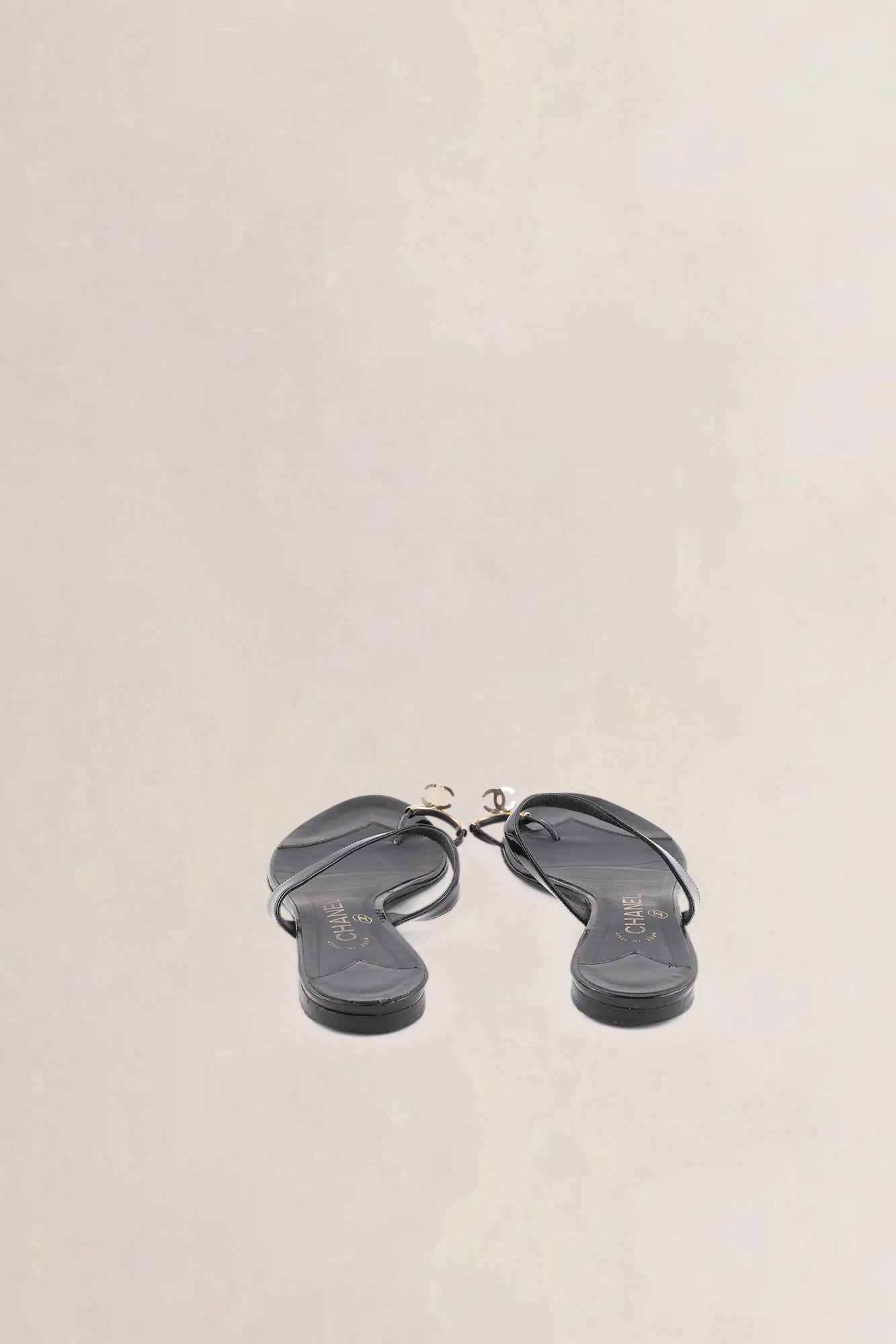 Chanel Black Patent Leather CC Ring Slip-On Sandals