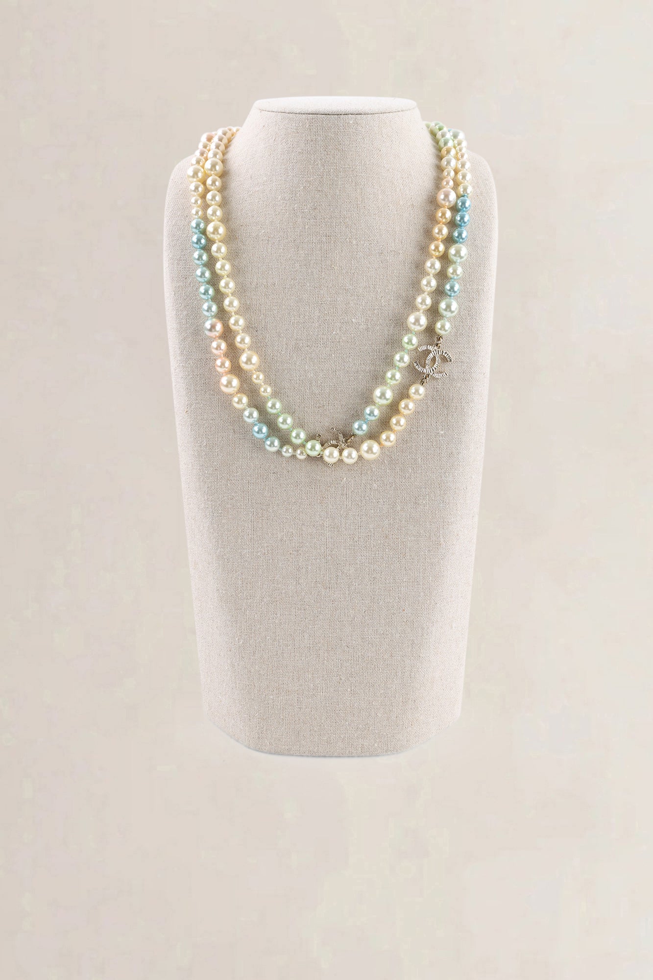 Chanel White Faux Pearl Double Strand CC Necklace