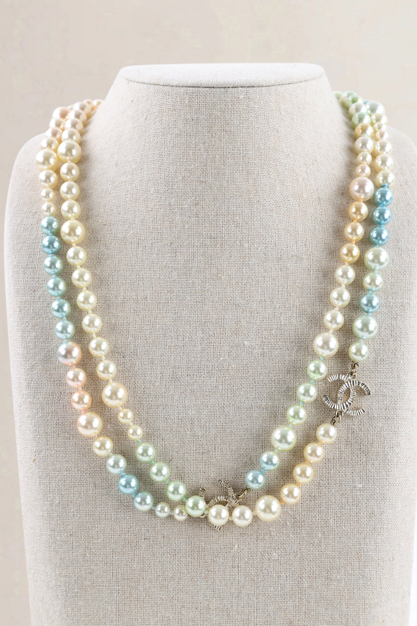 Chanel White Faux Pearl Double Strand CC Necklace