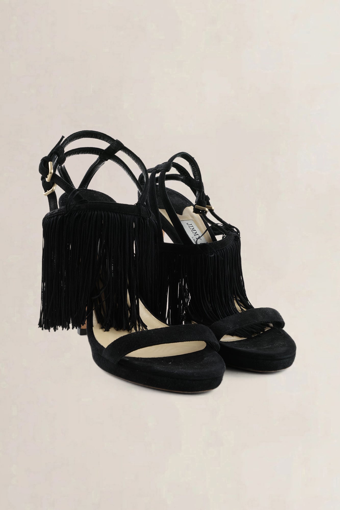Jimmy Choo Black Suede Viola Tassel Fringe Sandals