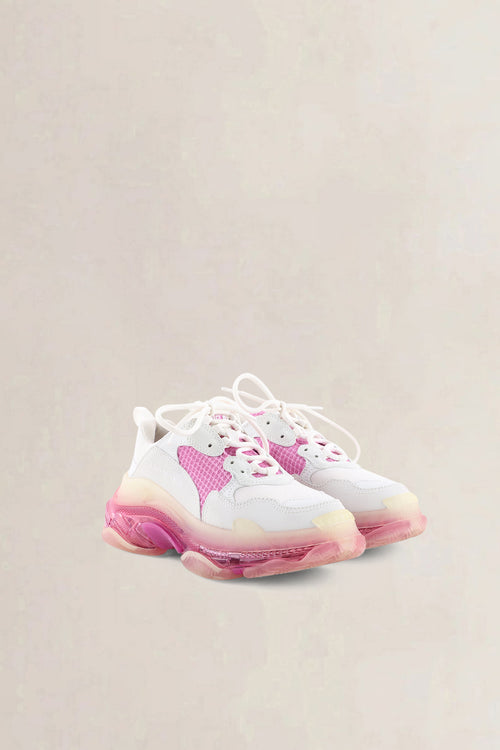 Balenciaga White & Pink Fabric Mesh Triple S Sneakers