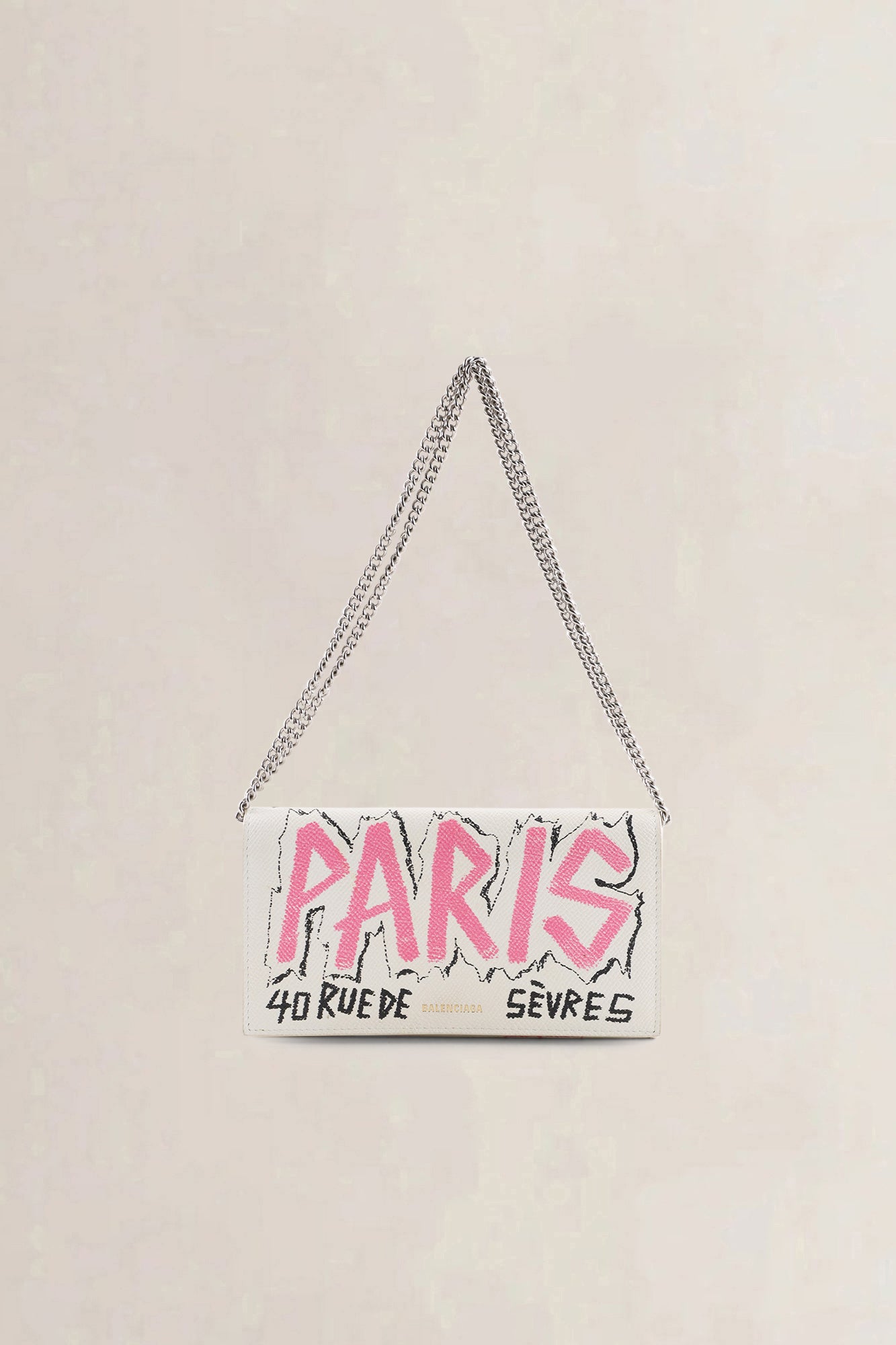 Balenciaga Cream Graffiti Leather "Paris" Wallet on Chain