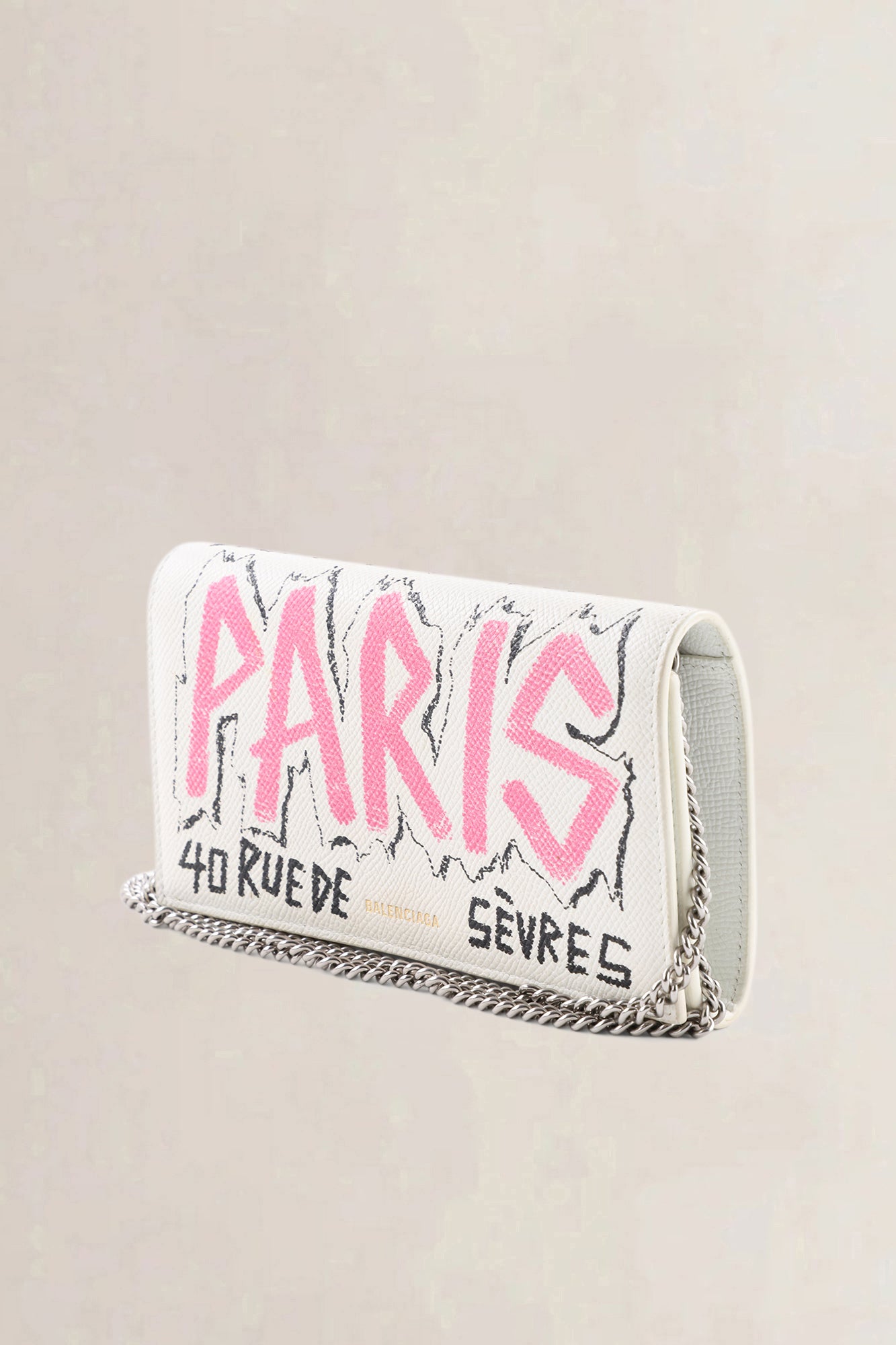 Balenciaga Cream Graffiti Leather "Paris" Wallet on Chain