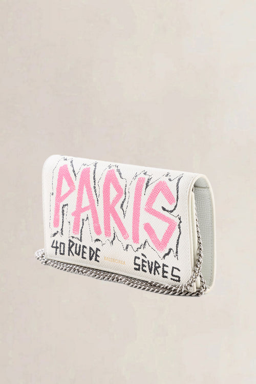 Balenciaga Cream Graffiti Leather "Paris" Wallet on Chain