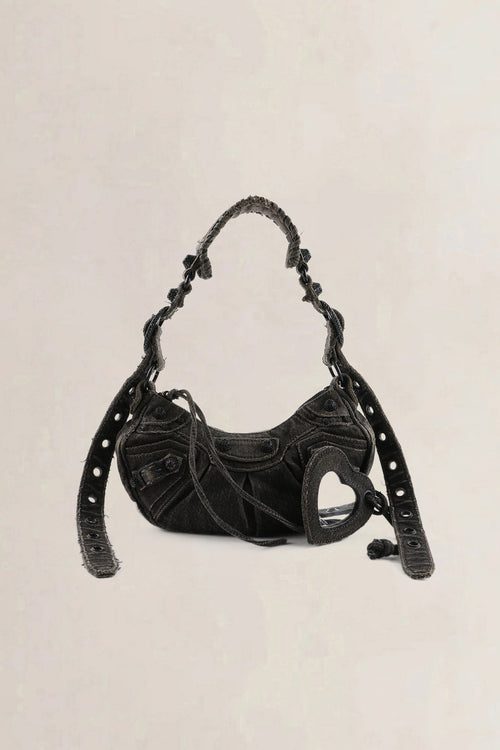 Balenciaga Grey Distressed Denim Le Cagole XS Shoulder Bag