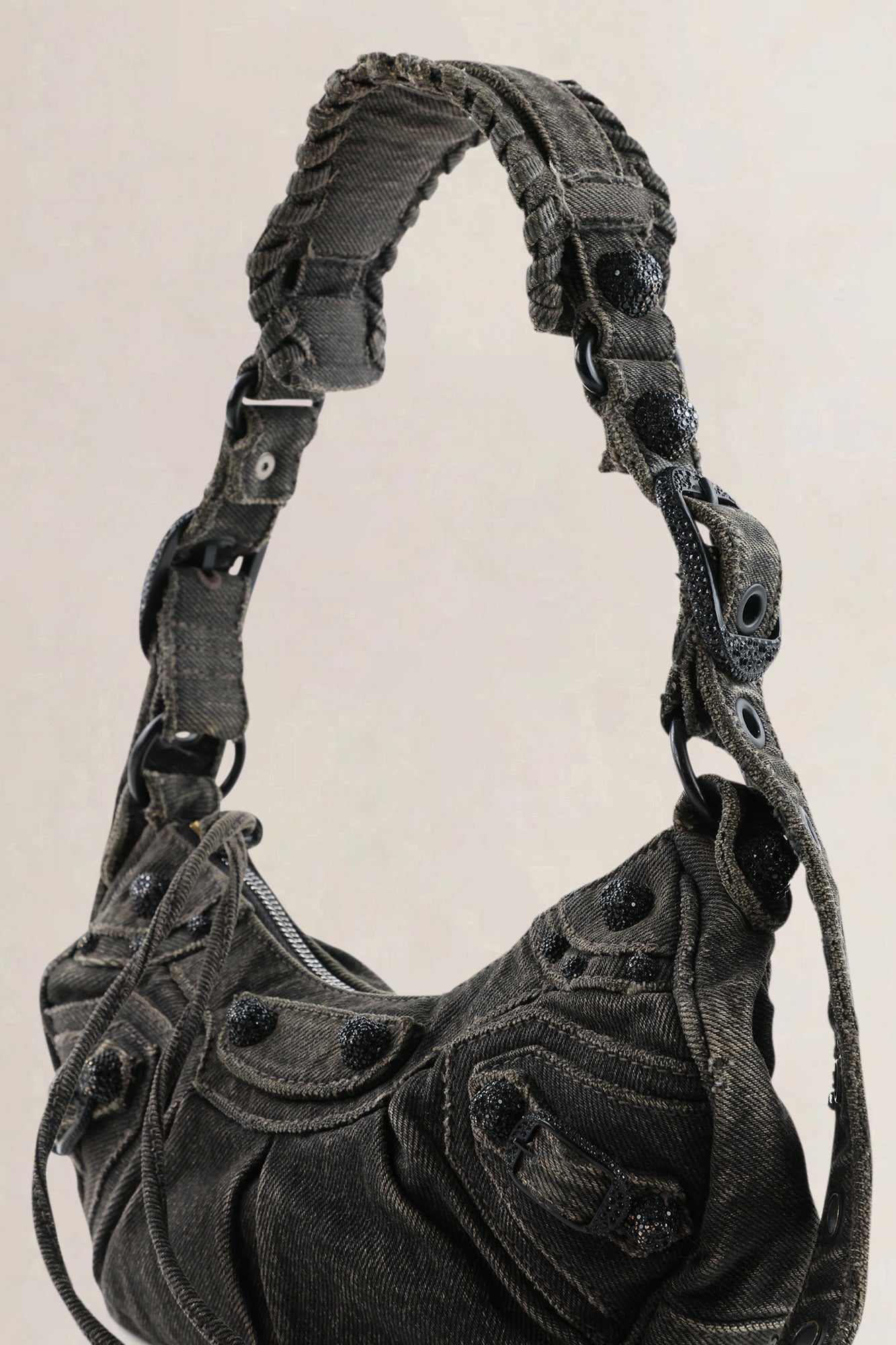 Balenciaga Grey Distressed Denim Le Cagole XS Shoulder Bag