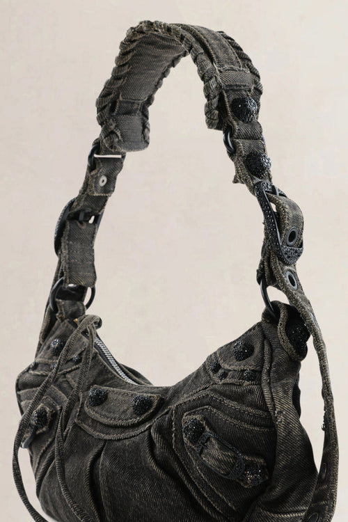 Balenciaga Grey Distressed Denim Le Cagole XS Shoulder Bag