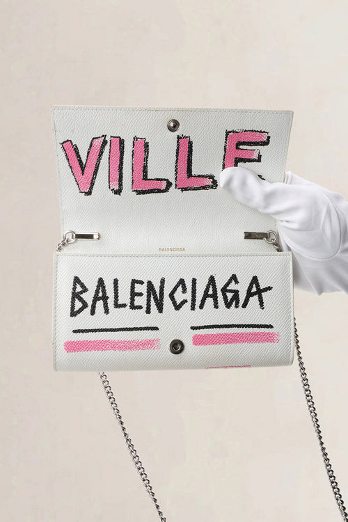 Balenciaga Cream Graffiti Leather "Paris" Wallet on Chain
