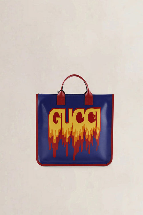 Gucci Blue "GUCCI" Print PVC & Leather Top Handle  Bag