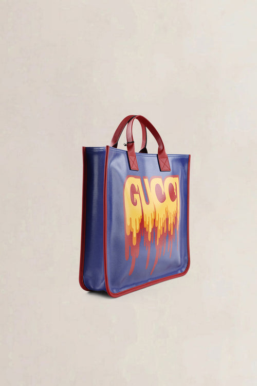 Gucci Blue "GUCCI" Print PVC & Leather Top Handle  Bag