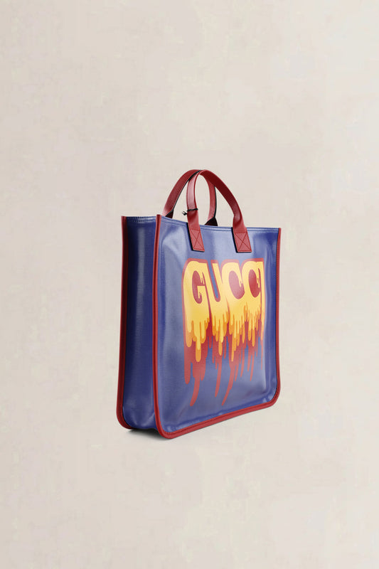 Gucci Blue "GUCCI" Print PVC & Leather Top Handle  Bag