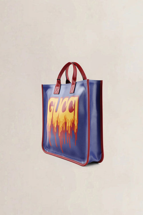 Gucci Blue "GUCCI" Print PVC & Leather Top Handle  Bag