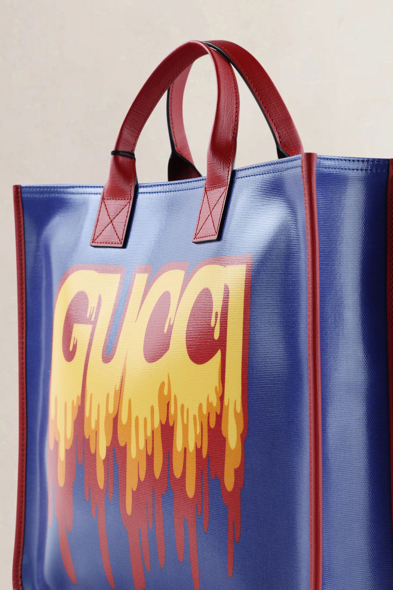 Gucci Blue "GUCCI" Print PVC & Leather Top Handle  Bag