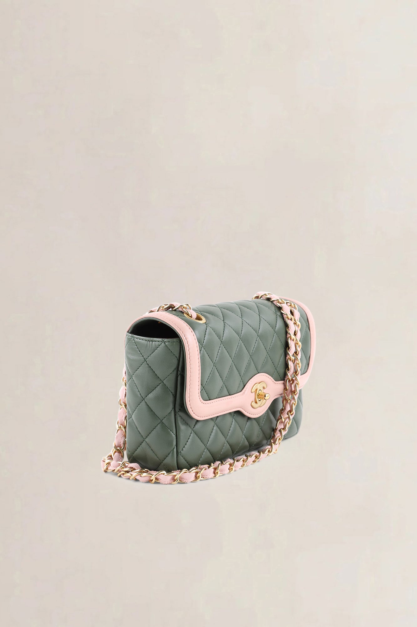 Chanel Green & Pink Quilted Lambskin Single Flap Crossbody Bag
