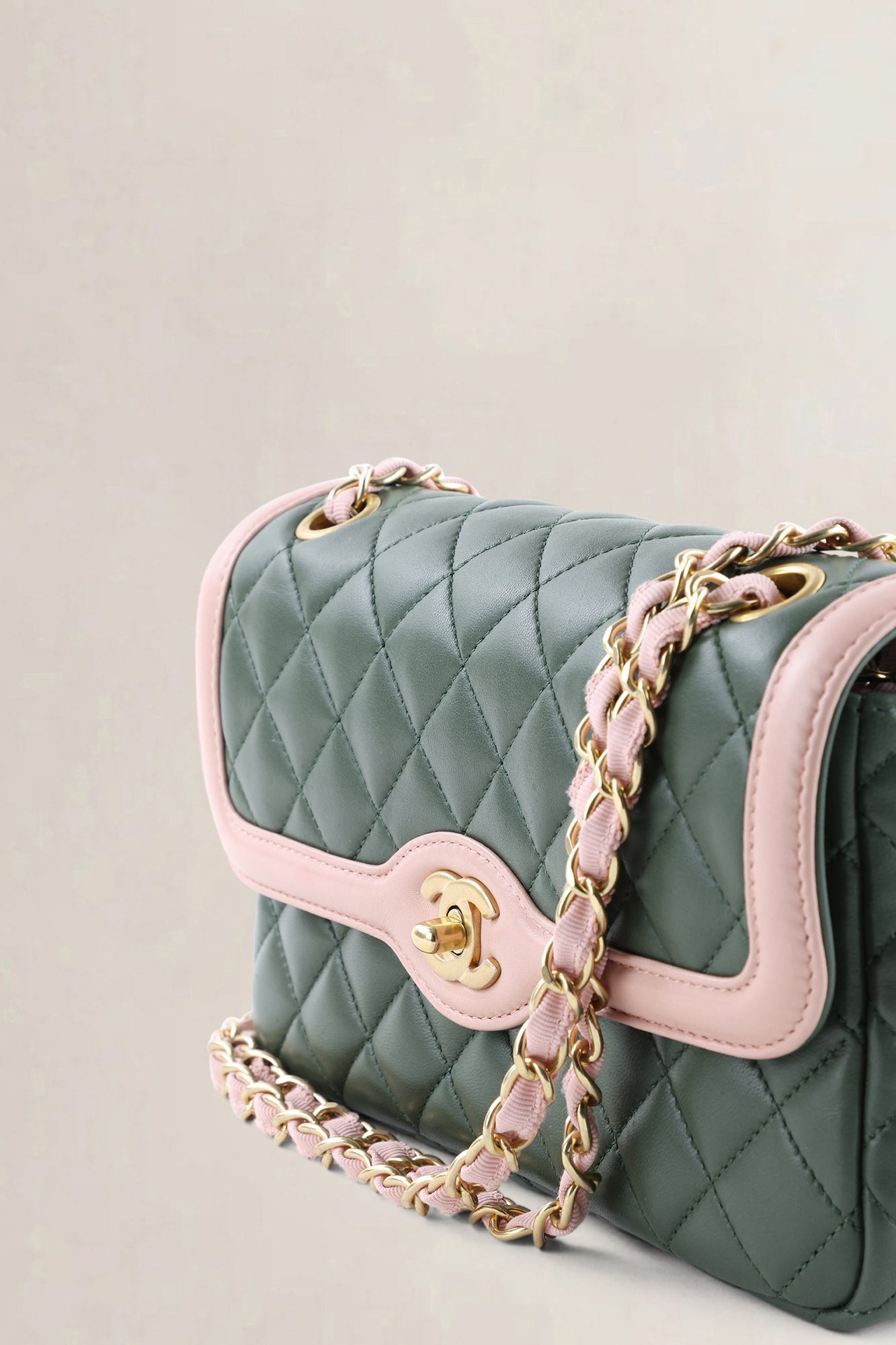 Chanel Green & Pink Quilted Lambskin Single Flap Crossbody Bag