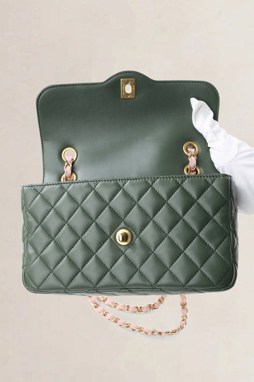 Chanel Green & Pink Quilted Lambskin Single Flap Crossbody Bag