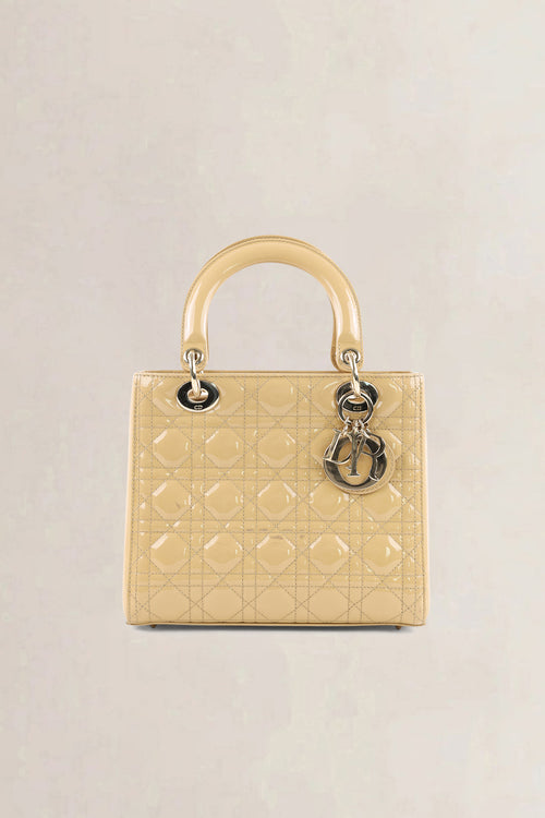 Christian Dior Cream Patent Leather Lady Dior Medium Top Handle Bag
