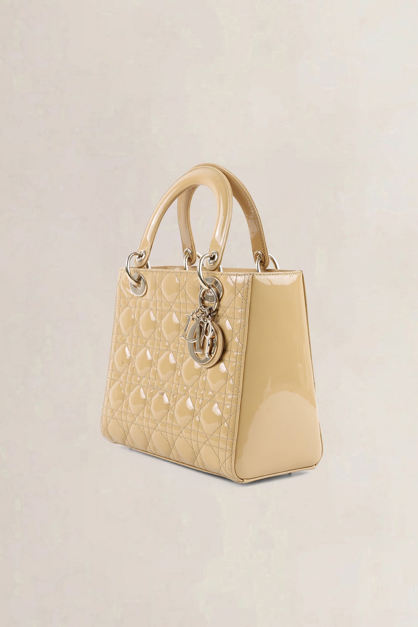 Christian Dior Cream Patent Leather Lady Dior Medium Top Handle Bag