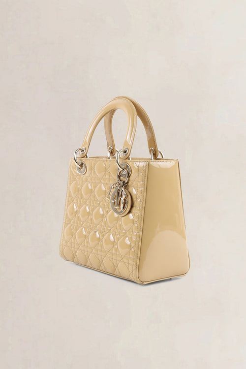 Christian Dior Cream Patent Leather Lady Dior Medium Top Handle Bag