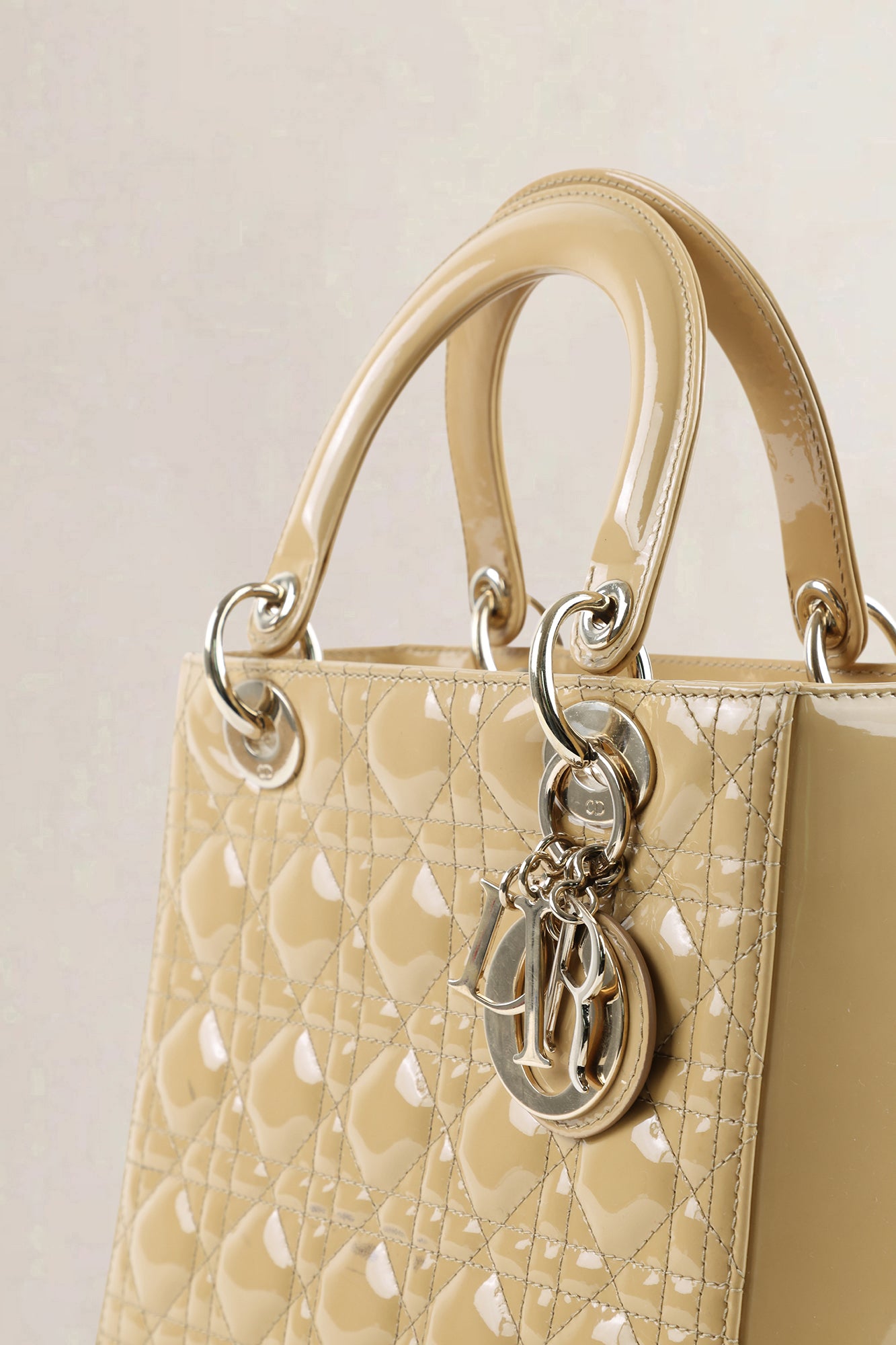 Christian Dior Cream Patent Leather Lady Dior Medium Top Handle Bag
