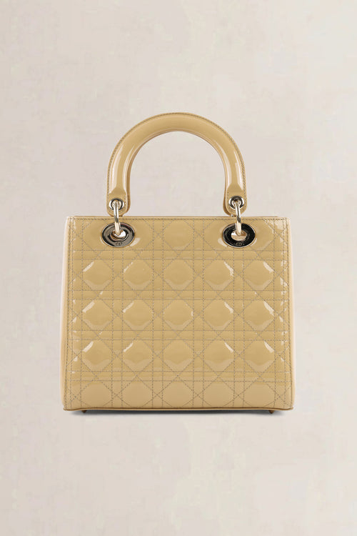 Christian Dior Cream Patent Leather Lady Dior Medium Top Handle Bag