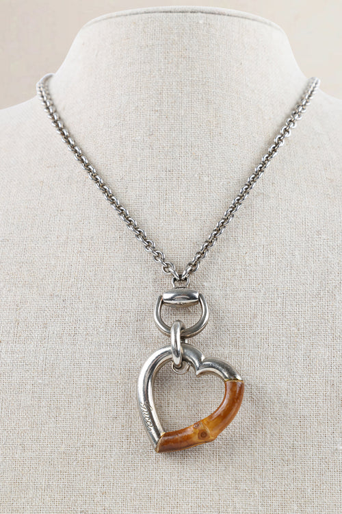 Gucci Silver Heart Bamboo Pendant Necklace