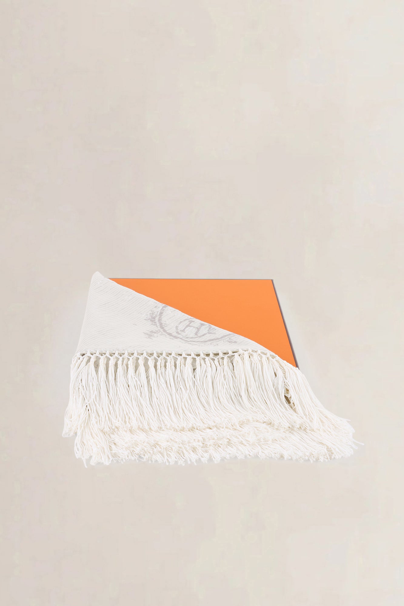 Hermés Silver Logo Printed Lurex Cotton Triangular Fringed Scarf