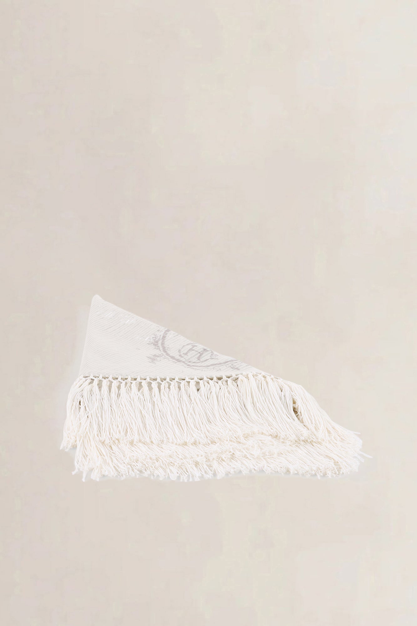 Hermés Silver Logo Printed Lurex Cotton Triangular Fringed Scarf