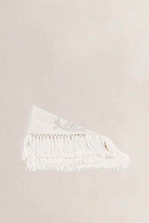 Hermés Silver Logo Printed Lurex Cotton Triangular Fringed Scarf