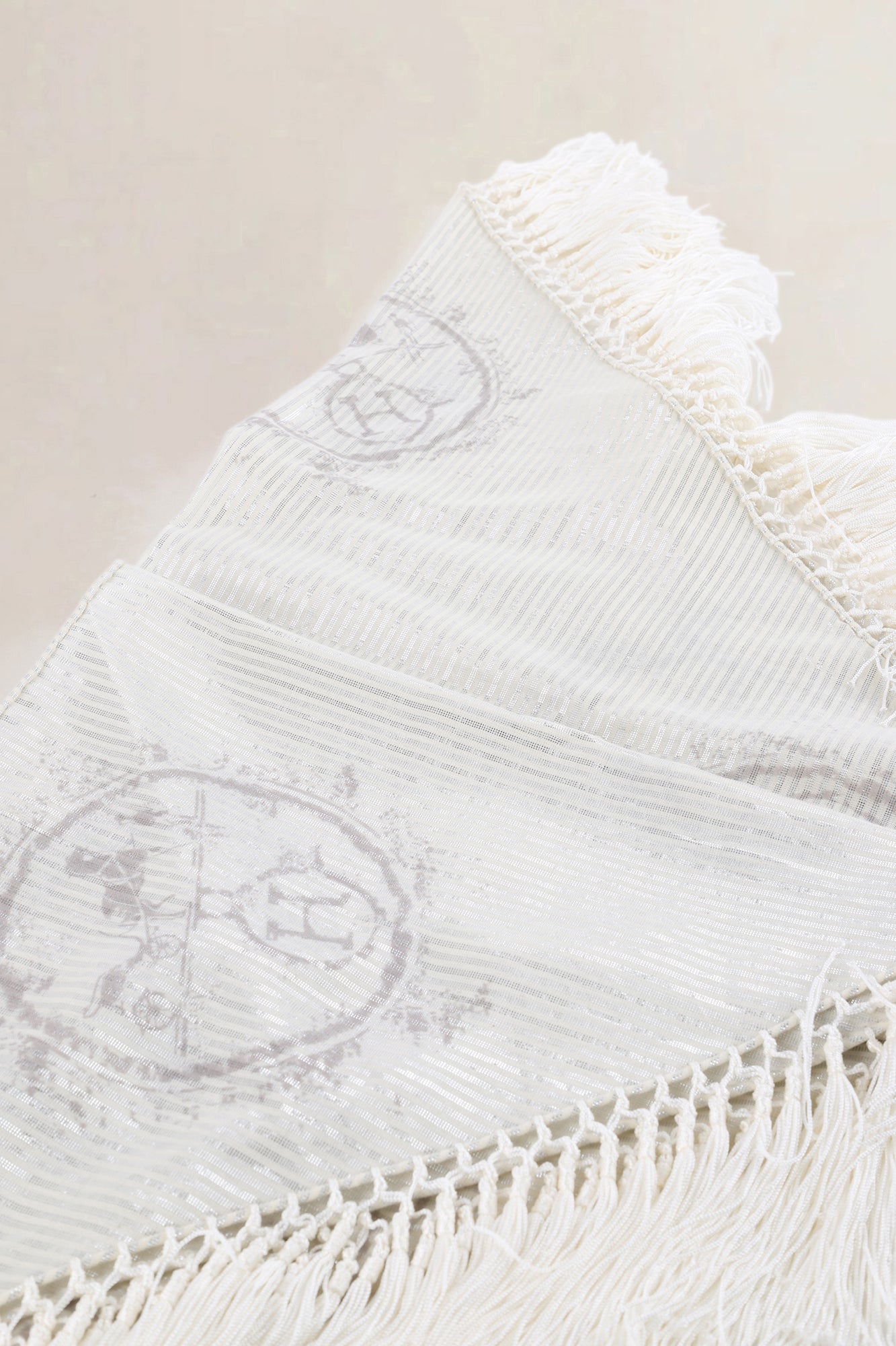Hermés Silver Logo Printed Lurex Cotton Triangular Fringed Scarf